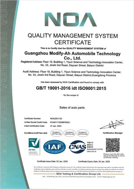 Trung Quốc GUANGZHOU MODIFY-AH AUTOMOBILE TECHNOLOGY CO., LTD Chứng chỉ